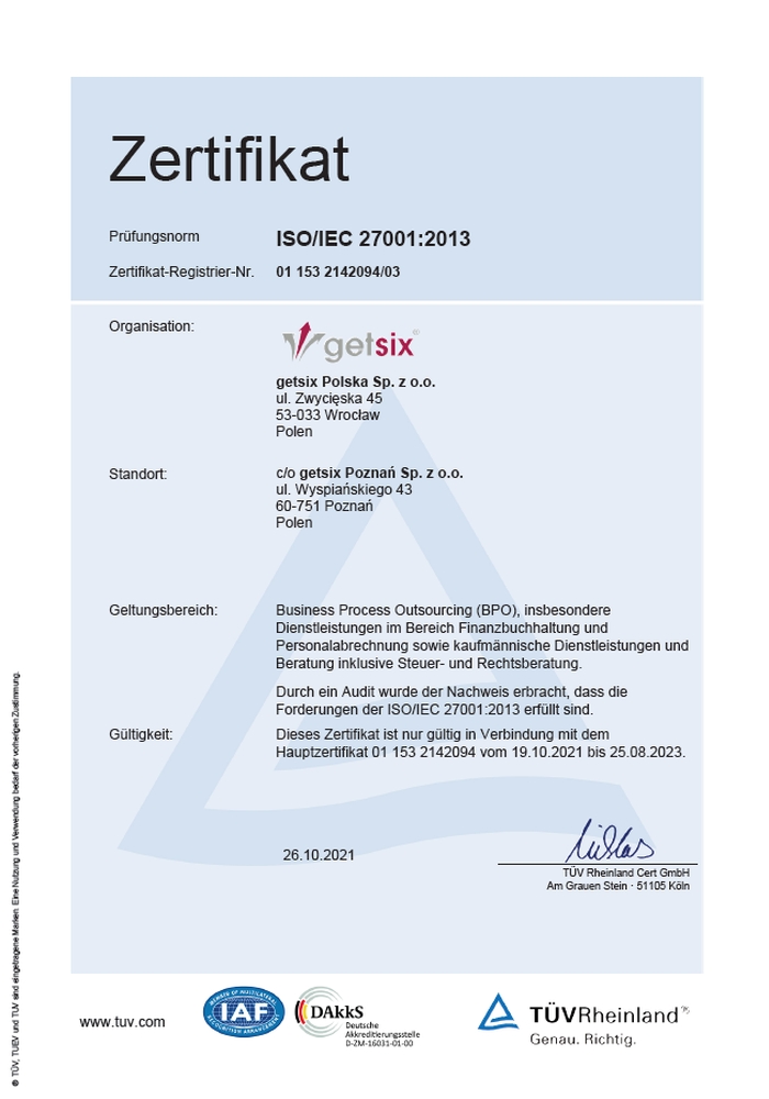 Zertifikat des TÜV Rheinland ISO/IEC 27001:2013 getsix® Posen