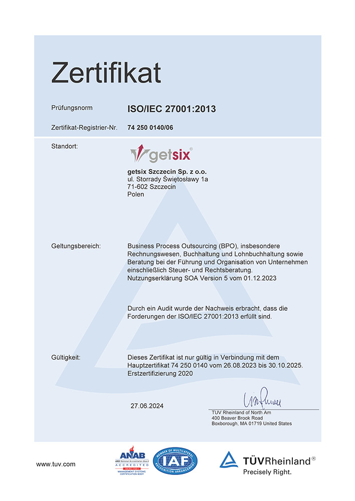 Zertifikat des TÜV Rheinland ISO/IEC 27001:2013 getsix® Stettin