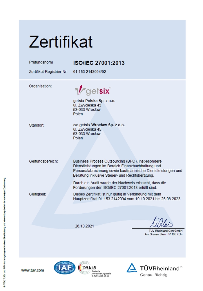 Zertifikat des TÜV Rheinland ISO/IEC 27001:2013 getsix® Breslau
