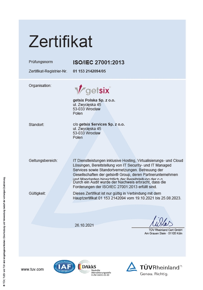 Zertifikat des TÜV Rheinland ISO/IEC 27001:2013 getsix® Services