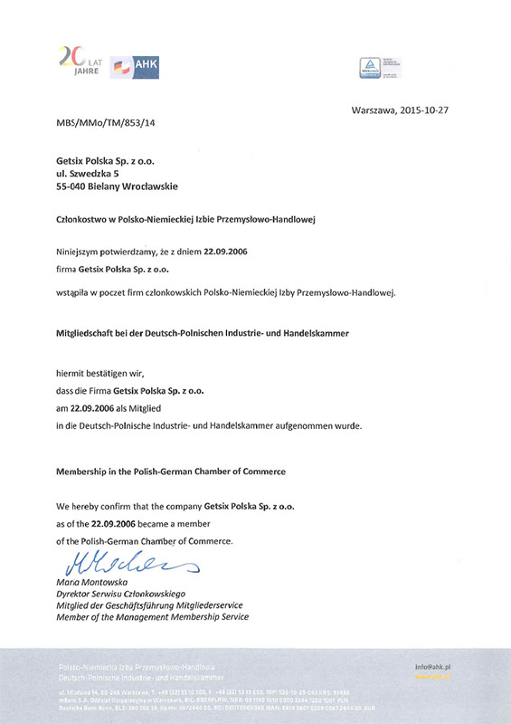 Zertifikat der Polnisch-Deutschen Industrie- und Handelskammermitgliedschaft