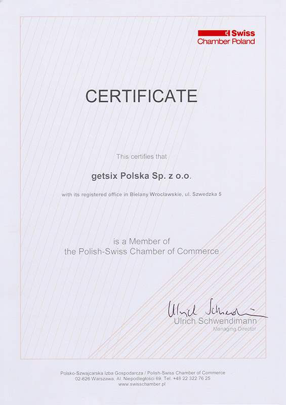 Zertifikat der Polnisch-Schweizerischen Handelskammermitgliedschaft