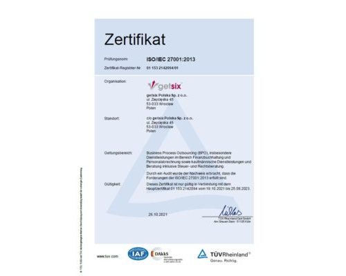 Zertifikat des TÜV Rheinland ISO/IEC 27001:2013 getsix® Polska