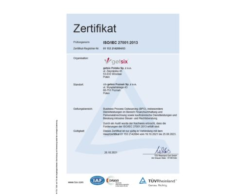 Zertifikat des TÜV Rheinland ISO/IEC 27001:2013 getsix® Posen
