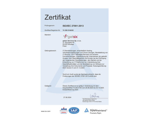 Zertifikat des TÜV Rheinland ISO/IEC 27001:2013 getsix® Services