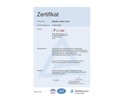 Zertifikat des TÜV Rheinland ISO/IEC 27001:2013 getsix® Stettin