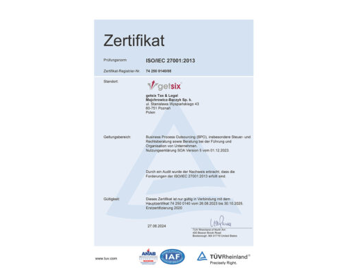 Zertifikat TÜV Rheinland ISO/IEC 27001:2013 getsix® Tax & Legal