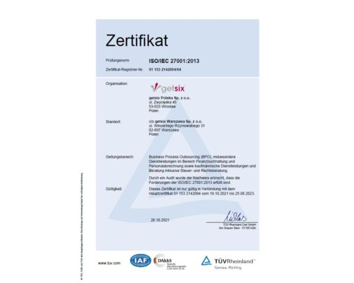 Zertifikat des TÜV Rheinland ISO/IEC 27001:2013 getsix® Warschau