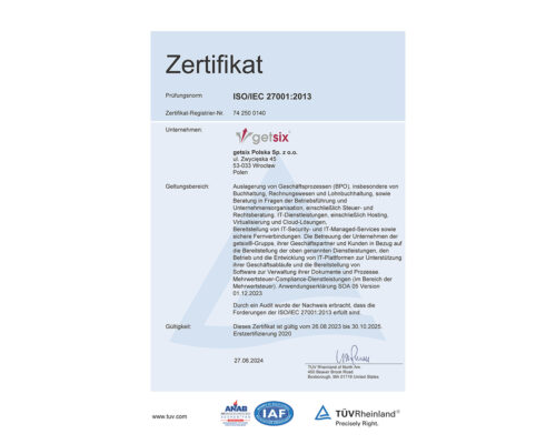 Haputzertifikat des TÜV Rheinland ISO/IEC 27001:2013