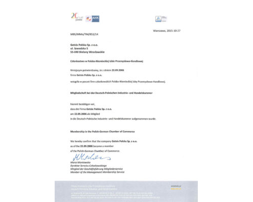 Zertifikat der Polnisch-Deutschen Industrie- und Handelskammermitgliedschaft