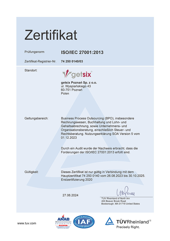 Zertifikat des TÜV Rheinland ISO/IEC 27001:2013 getsix® Posen