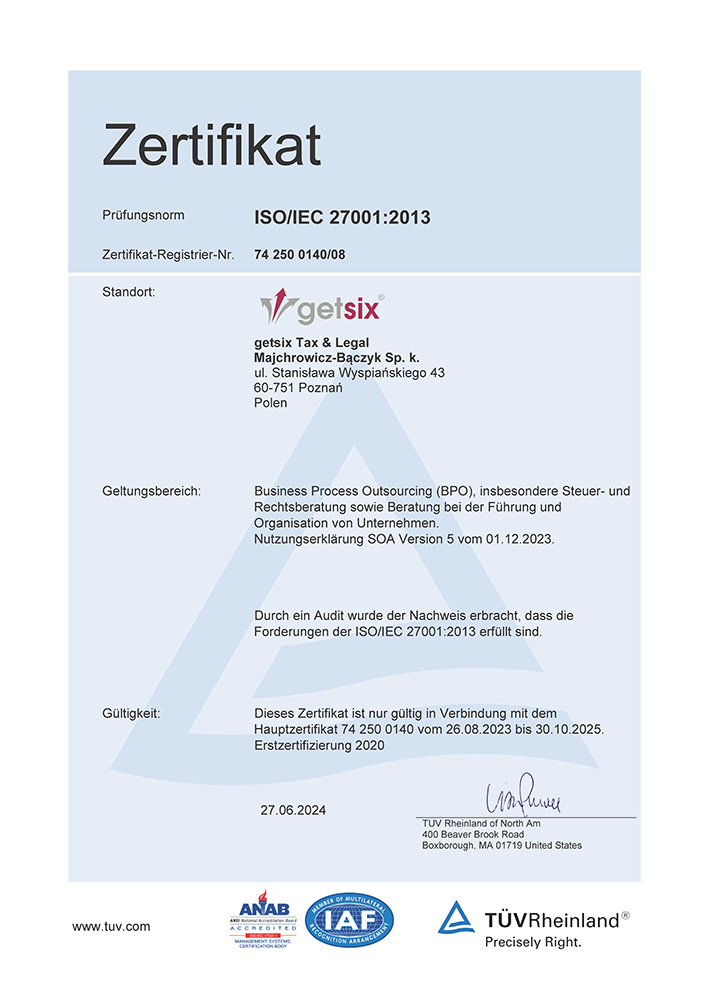 Zertifikat TÜV Rheinland ISO/IEC 27001:2013 getsix® Tax & Legal