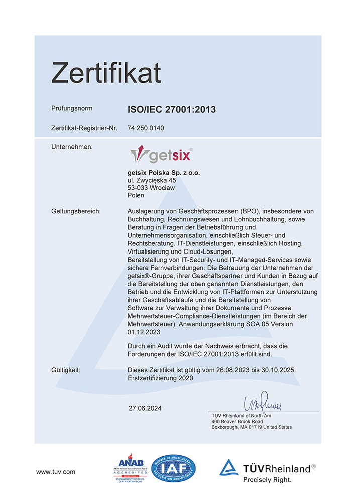 Haputzertifikat des TÜV Rheinland ISO/IEC 27001:2013