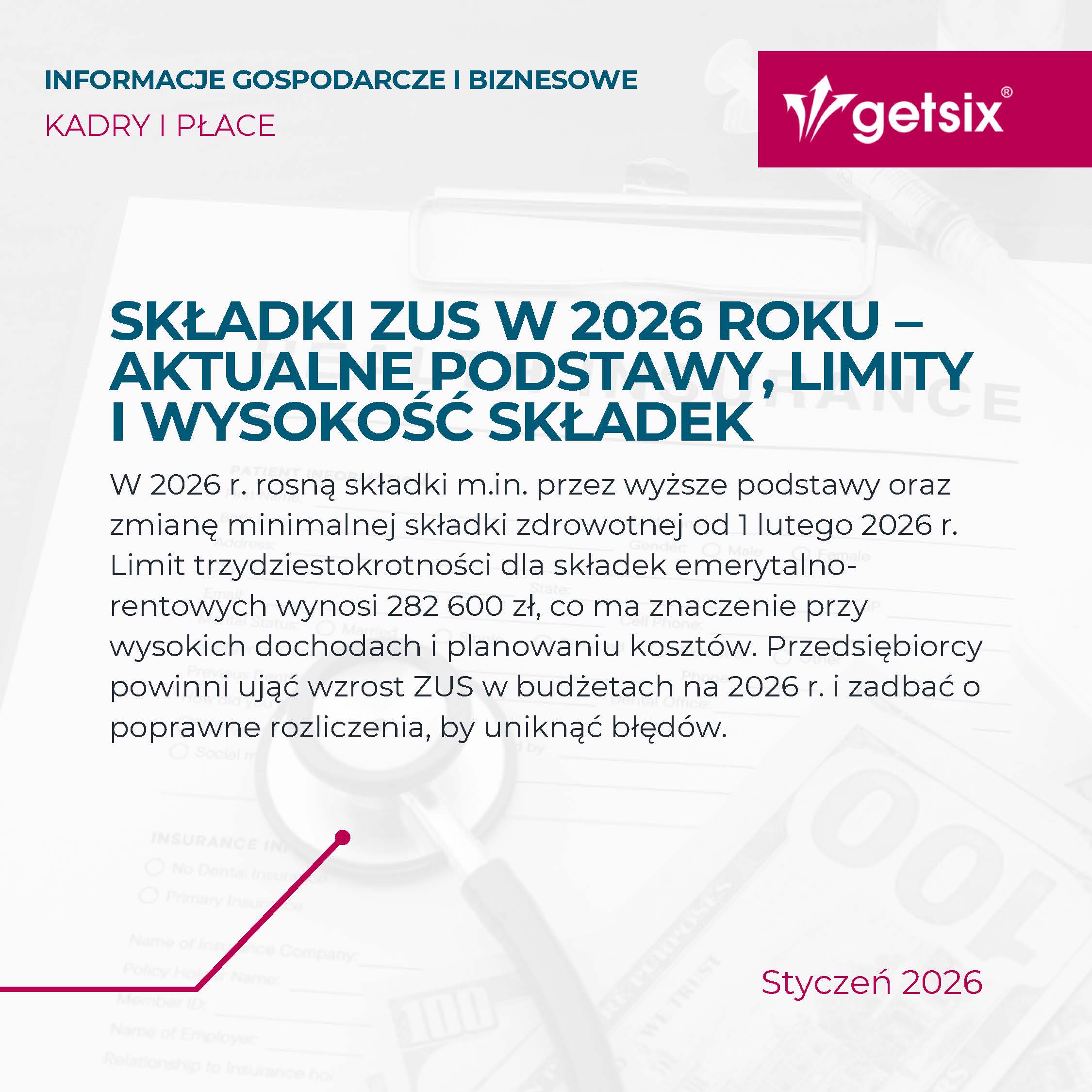 Informacje gospodarcze i biznesowe – Kadry i płace: składki ZUS w 2026 roku – podstawy, limity i wysokość składek, getsix