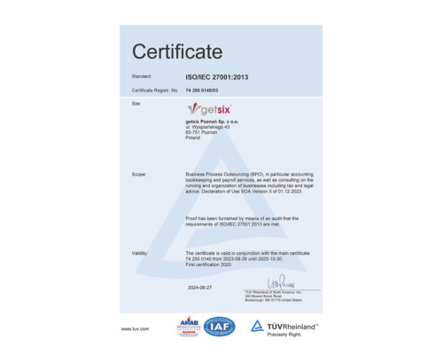 Certificate TÜV Rheinland ISO/IEC 27001:2013 getsix® Poznan