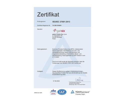 Zertifikat des TÜV Rheinland ISO/IEC 27001:2013 getsix® Polska