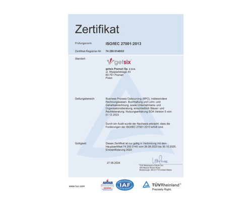 Zertifikat des TÜV Rheinland ISO/IEC 27001:2013 getsix® Posen